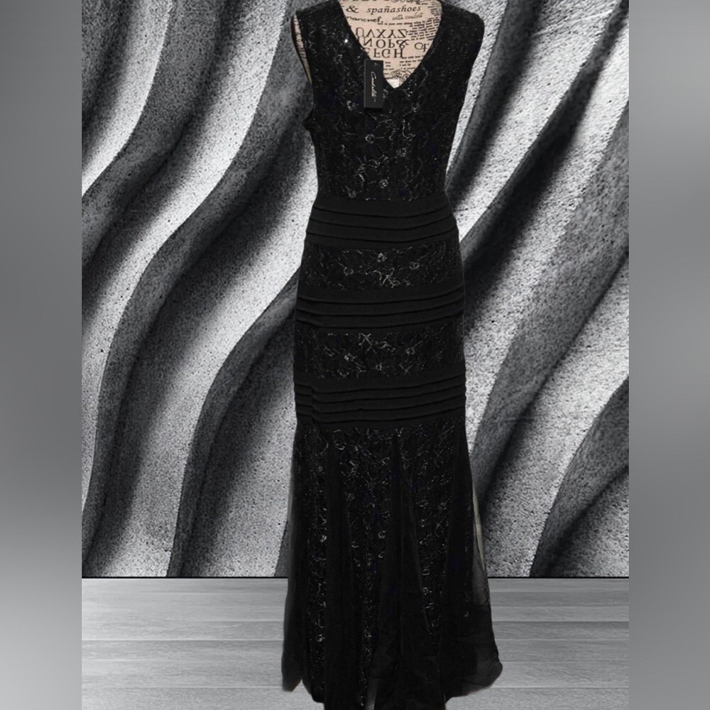 Black Lace Overlay Mermaid Style Side Zippered Evening Gown